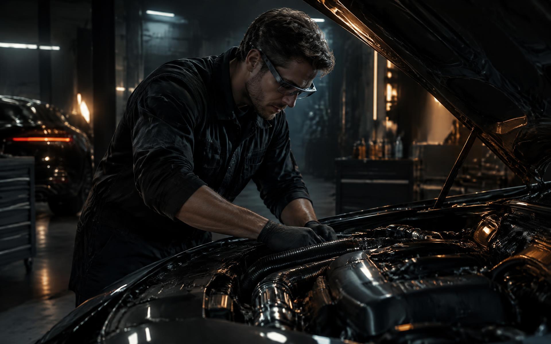 Mechanic wearing AR glasses inspecting an engine bay in a dark workshop