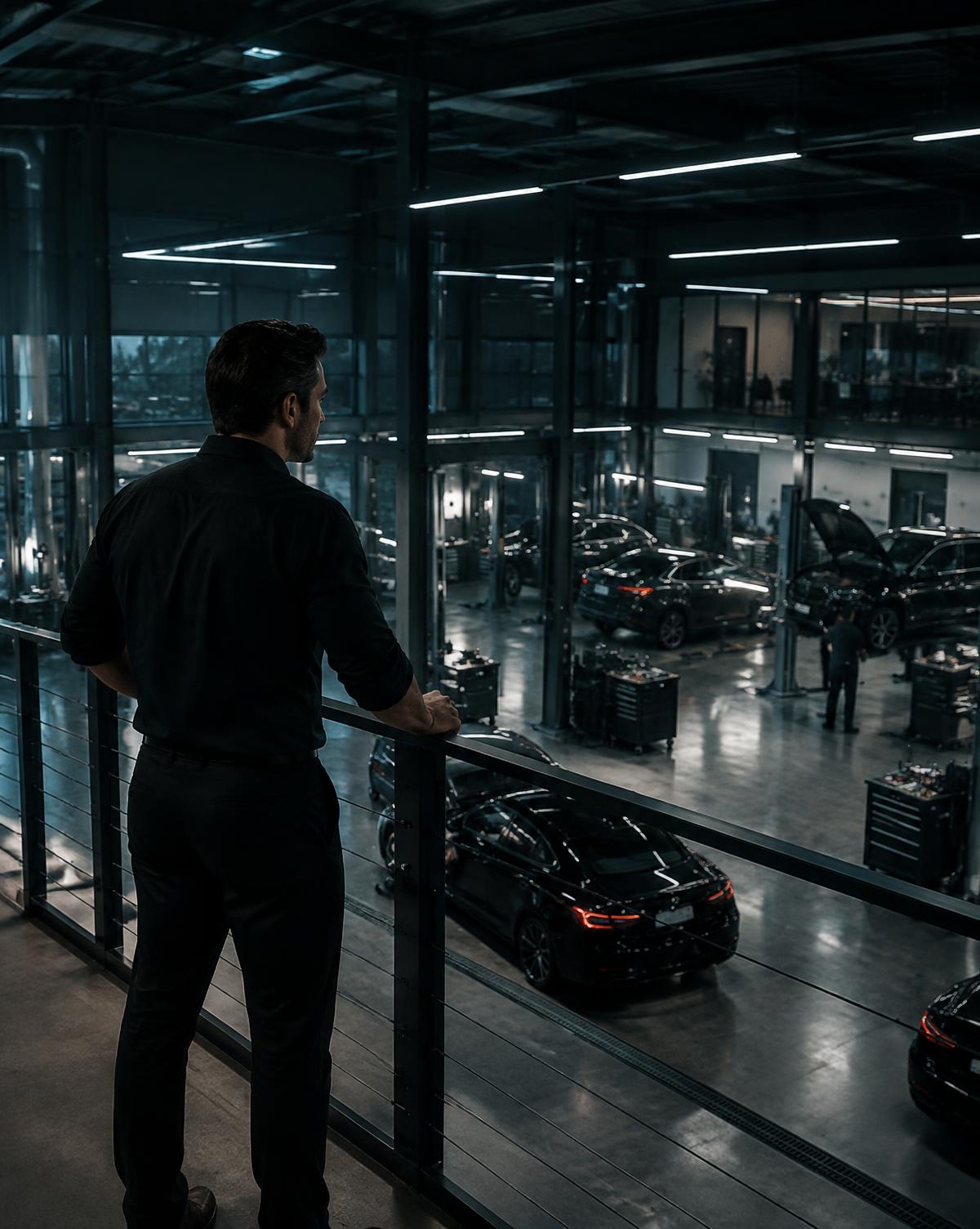 Workshop manager overlooking several service bays