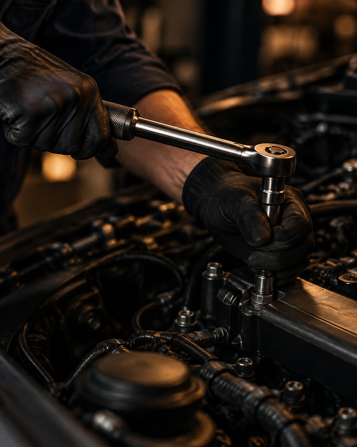 Mechanic's gloved hands torquing a bolt in an engine bay