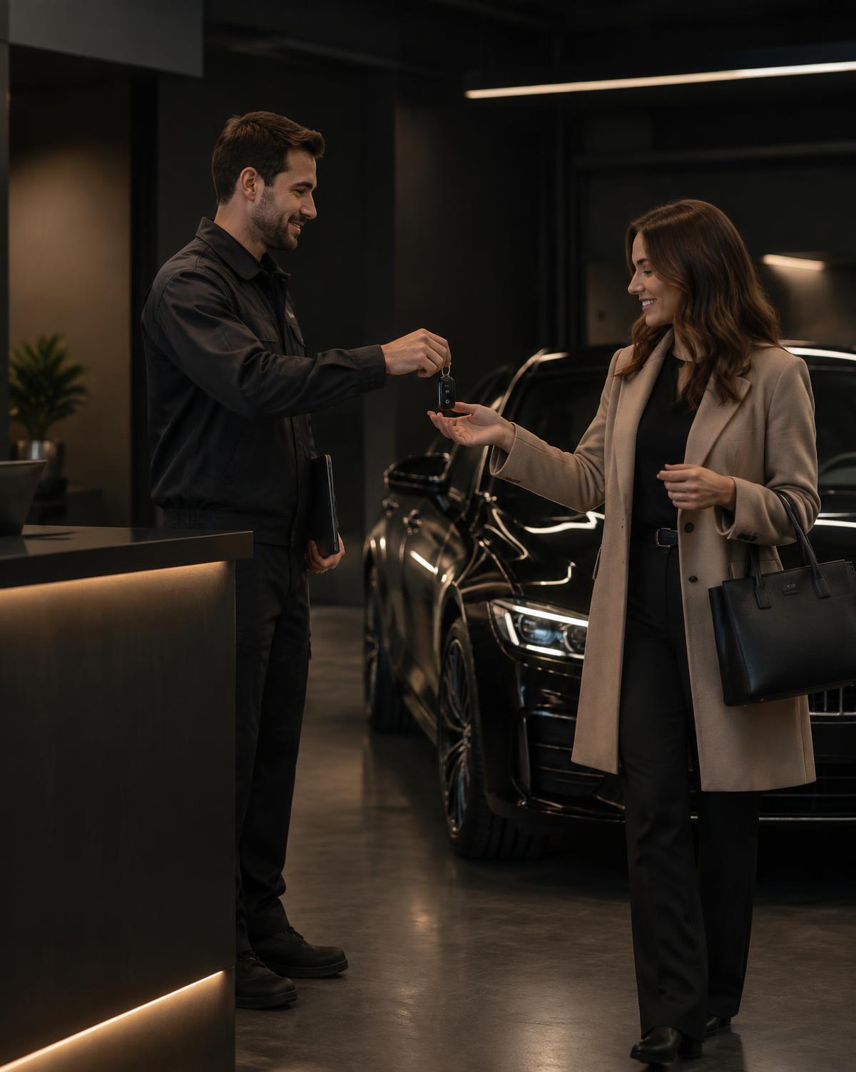Customer receiving car keys in a premium workshop reception