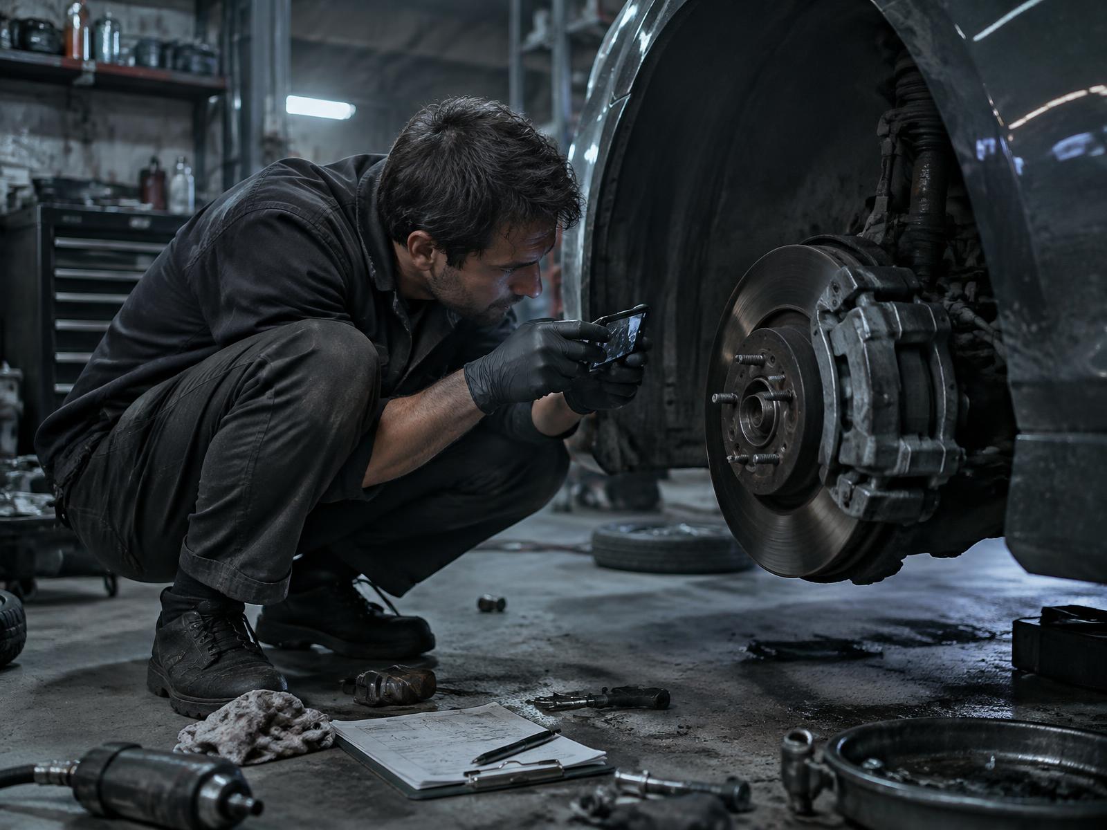 Mechanic stopping work to photograph a brake assembly