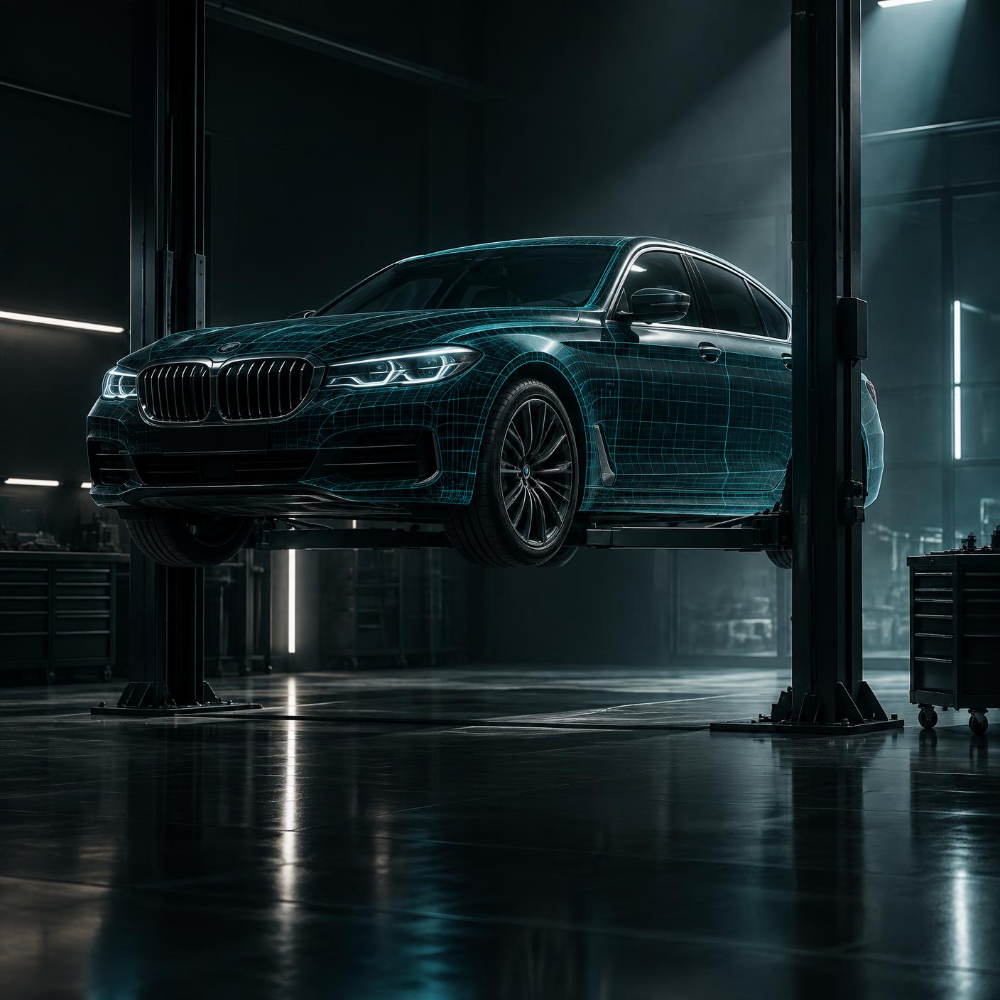 Premium car on a lift with a faint teal scan wireframe