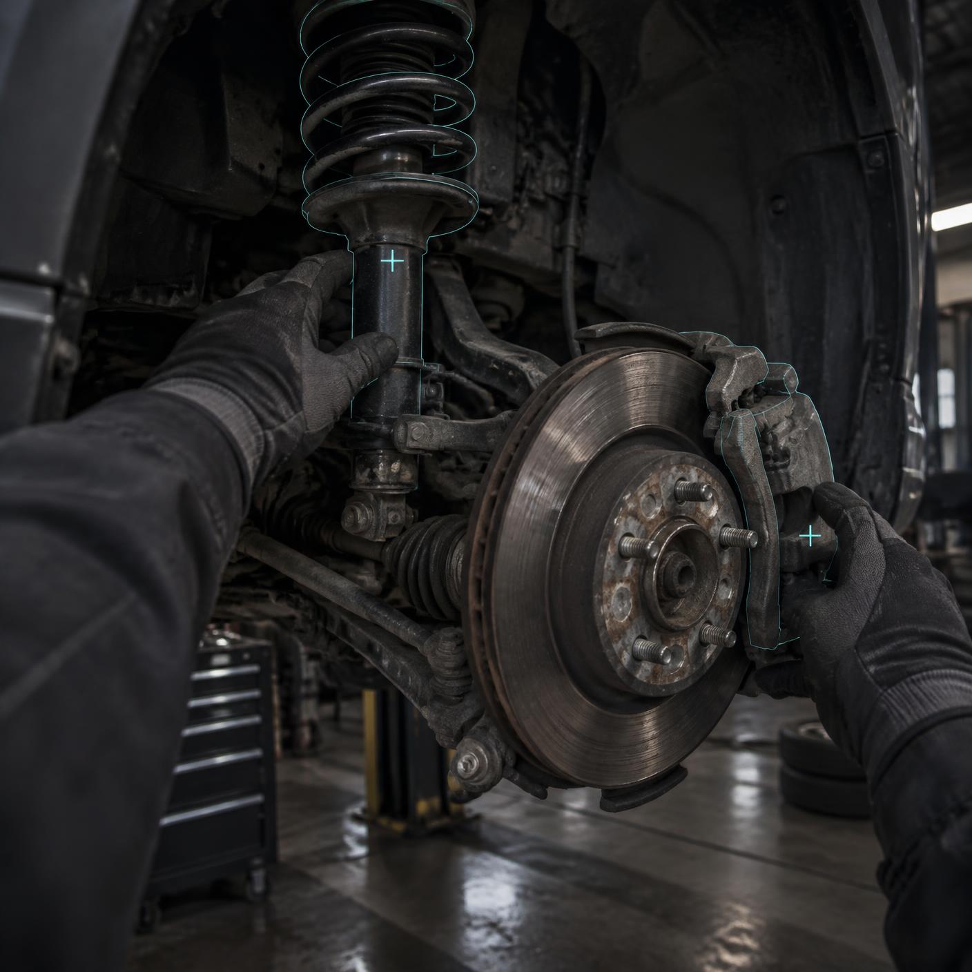 Point of view through AR glasses with subtle overlays on a brake assembly