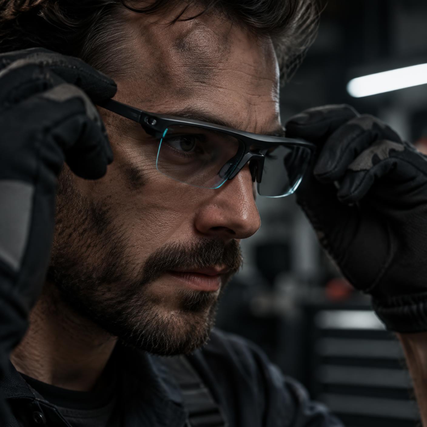 Close-up of a mechanic putting on sleek AR glasses